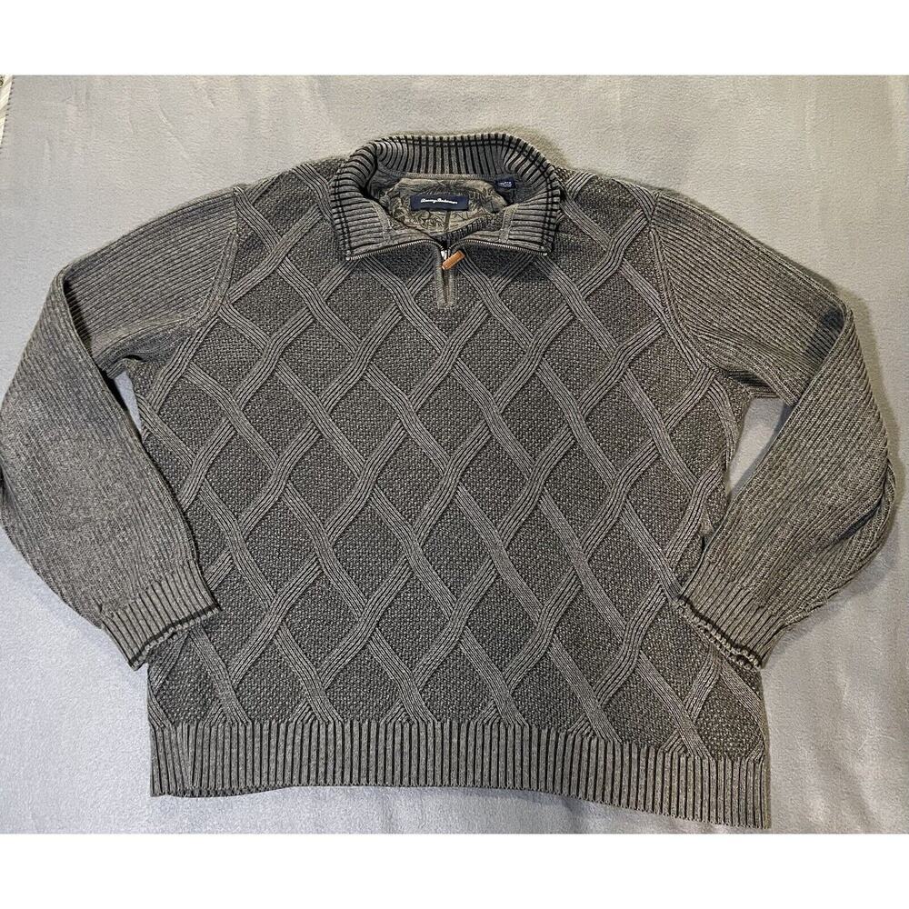 Tommy Bahama Men's Sweater Gray 1/4 Zip Long‎ Sleeve Cotton Warm 2XL